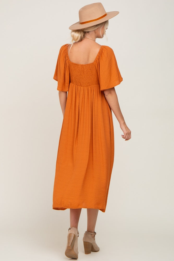 Rust Front Tie Ruffle Sleeve Midi Dress