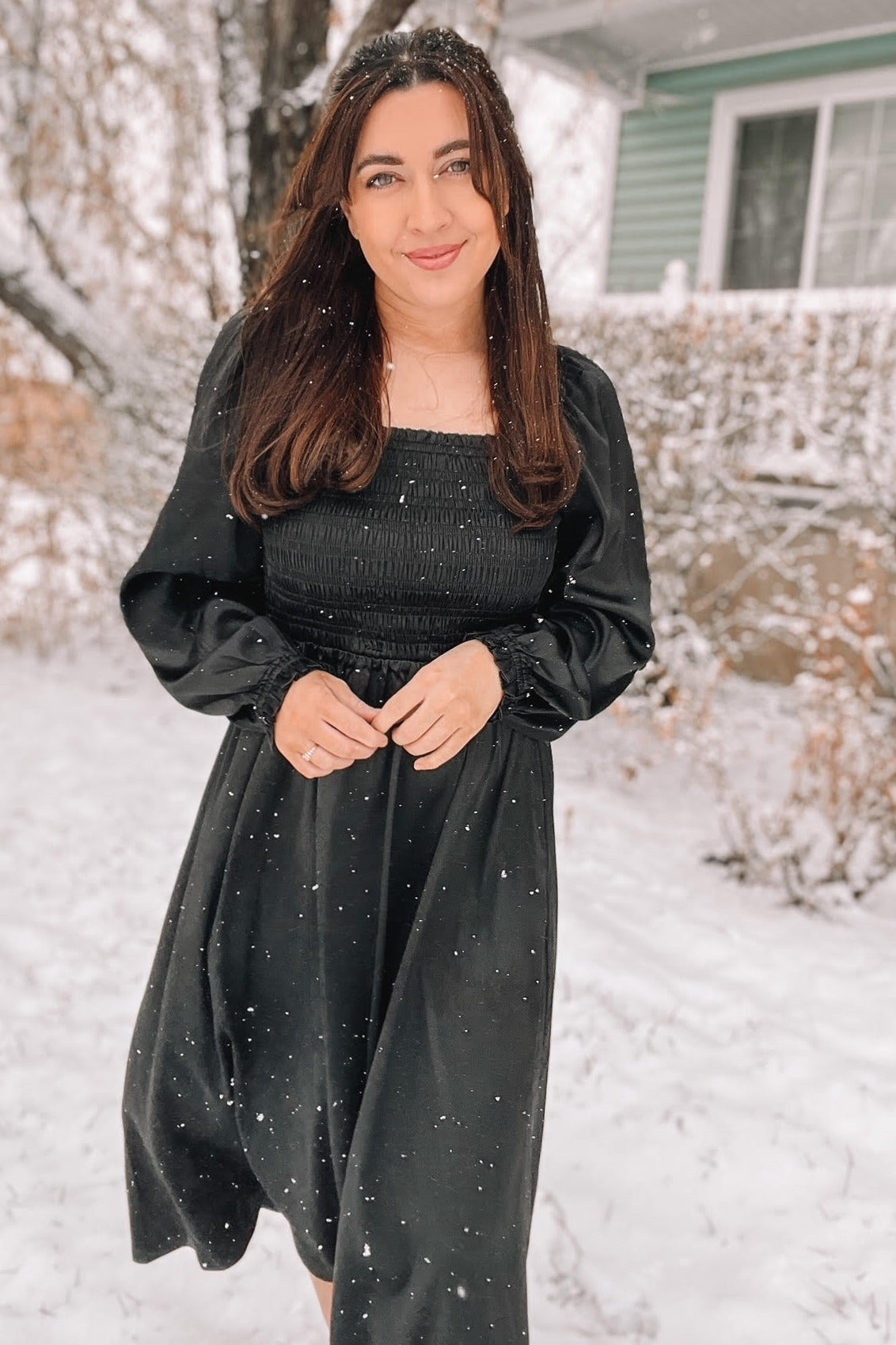 Black Smocked Square Neck Satin Midi Dress