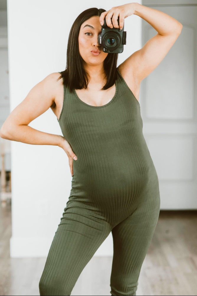 Olive Ribbed Bodycon Maternity Jumpsuit