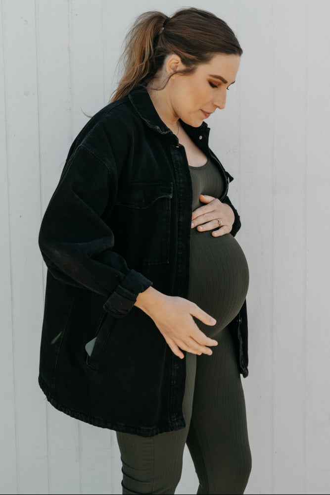 Olive Ribbed Bodycon Maternity Jumpsuit