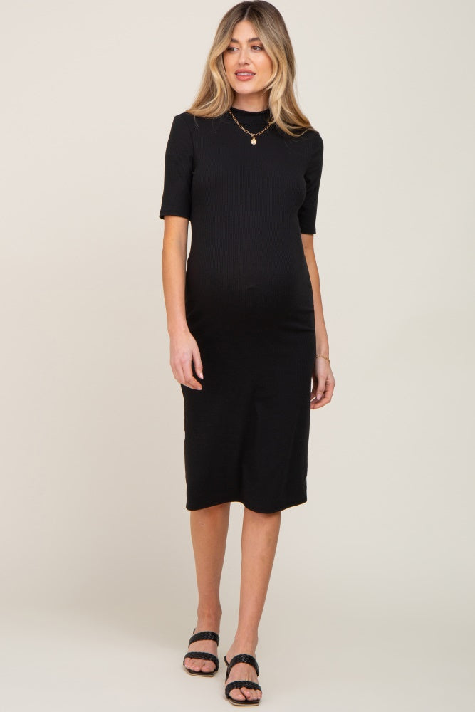Black Ribbed Mock Neck Maternity Midi Dress