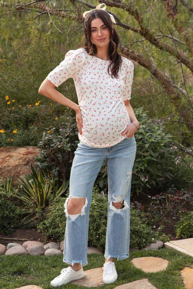 Ivory Floral Side Ruched Maternity Short Sleeve Top