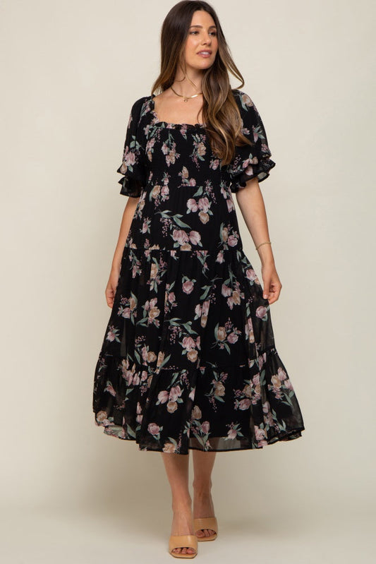 Black Floral Chiffon Ruffle Square Neck Smocked Maternity Midi Dress