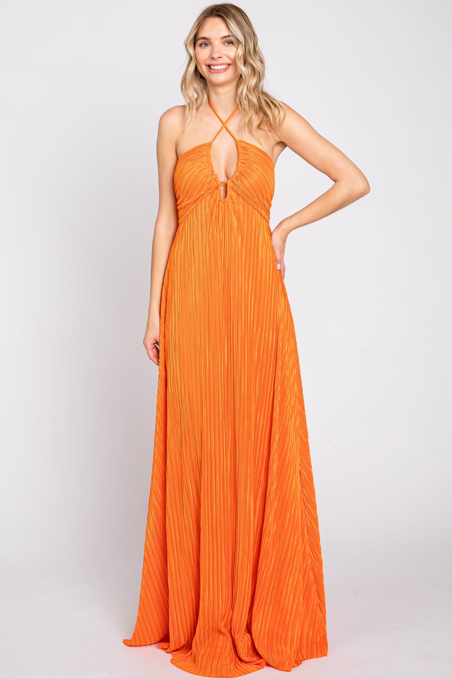 Orange Plisse Halter Back Tie Maternity Maxi Dress