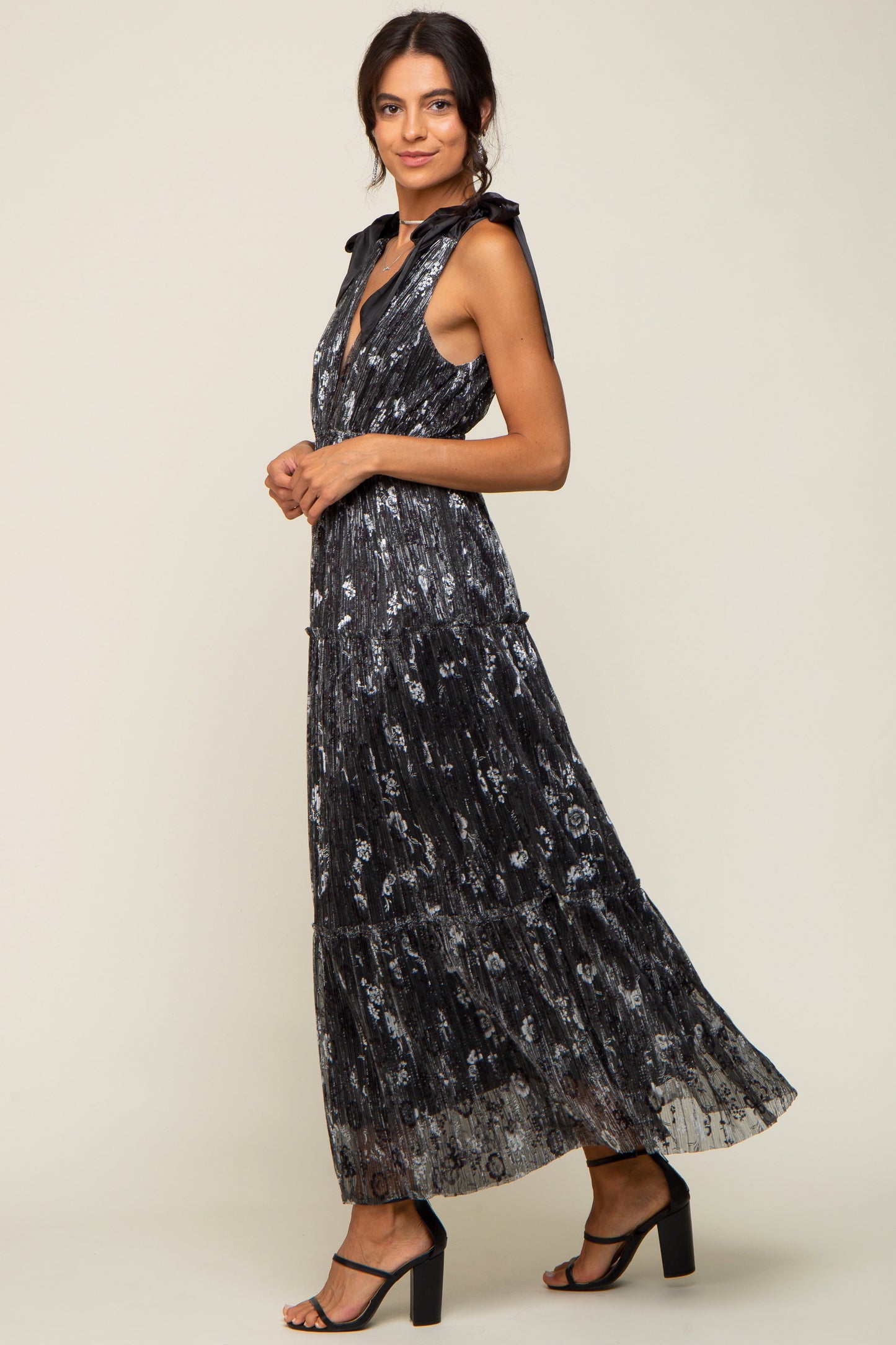 Black Floral Shimmer Deep V Shoulder Tie Maternity Midi Dress