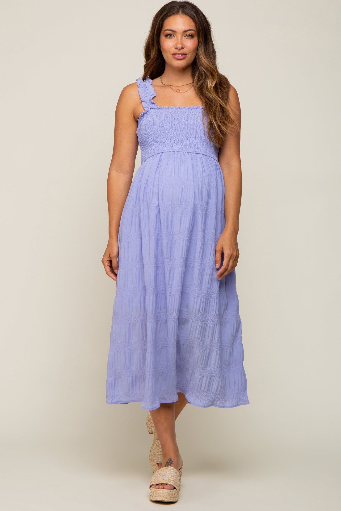 Lavender Smocked Square Neck Maternity Midi Dress