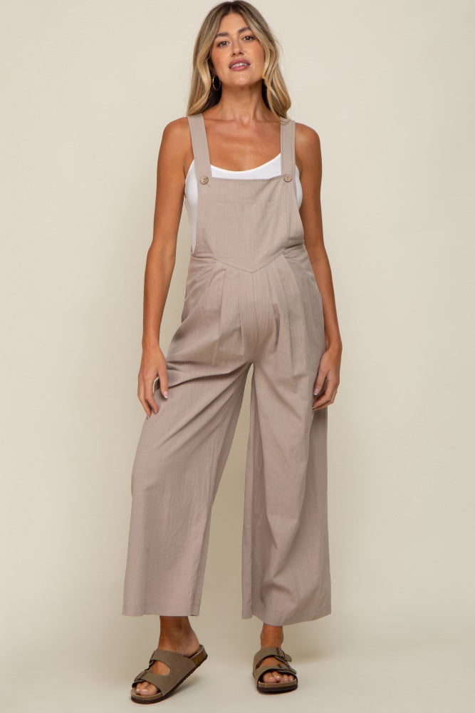 Taupe Front Pocket Pleated Linen Maternity Overall