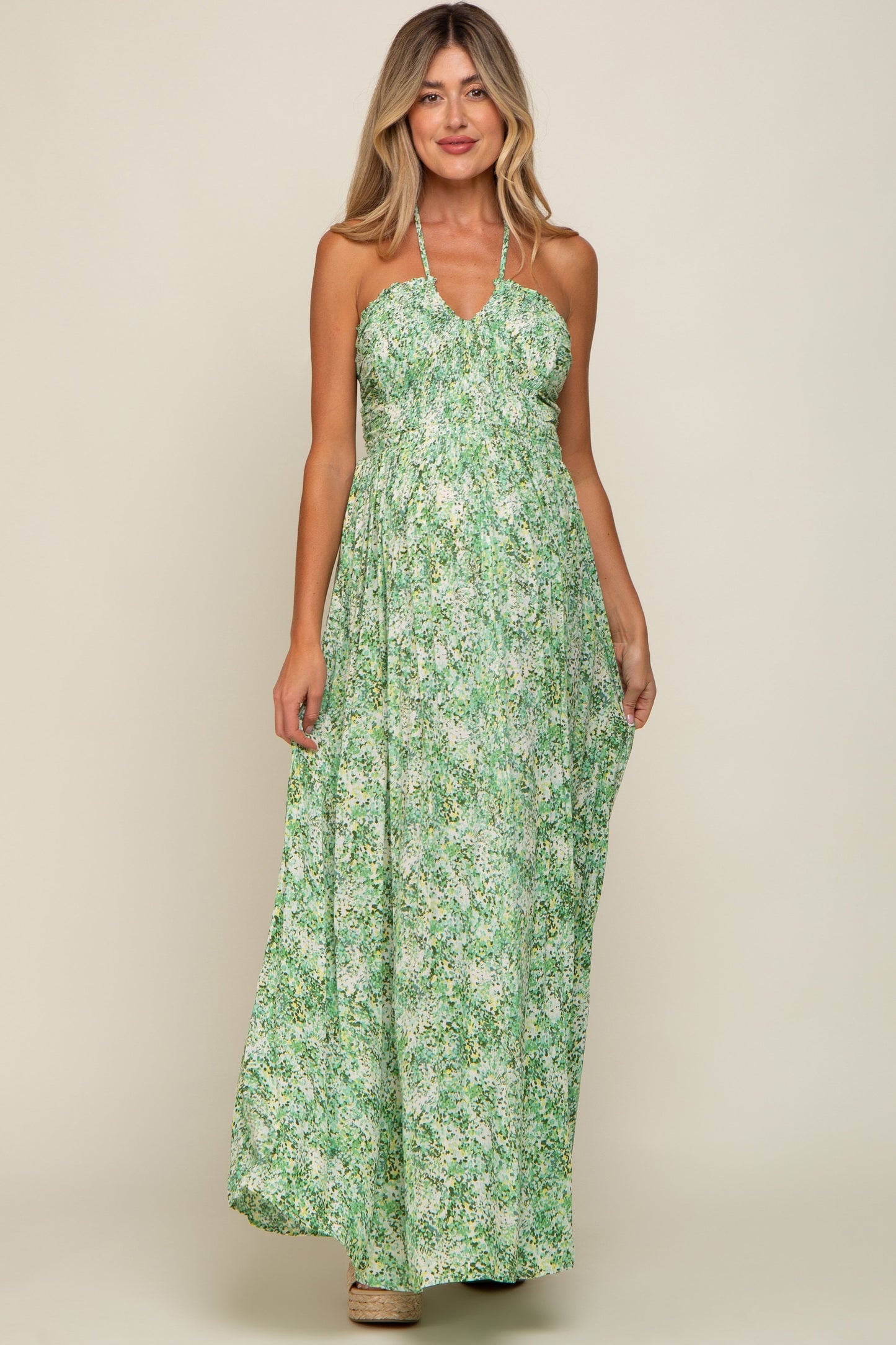 Green Floral Halter Neck Maternity Maxi Dress