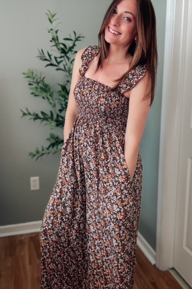 Mocha Sleeveless Floral Smocked Ruffle Jumpsuit