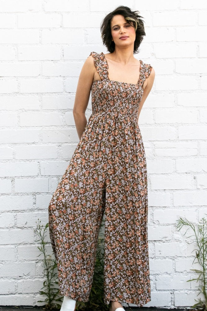 Mocha Sleeveless Floral Smocked Ruffle Maternity Jumpsuit