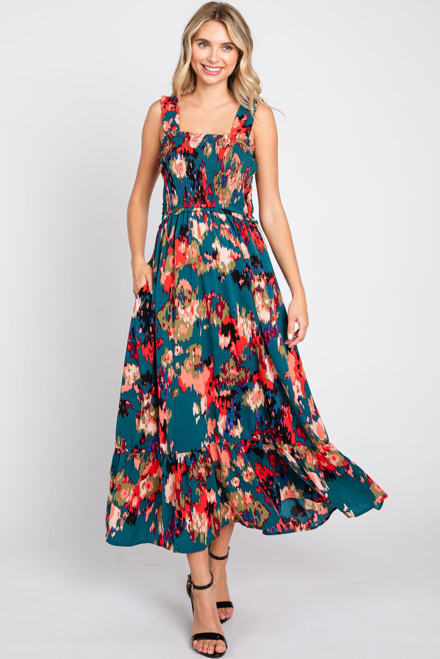 Forest Green Printed Smocked Maternity Midi Dress