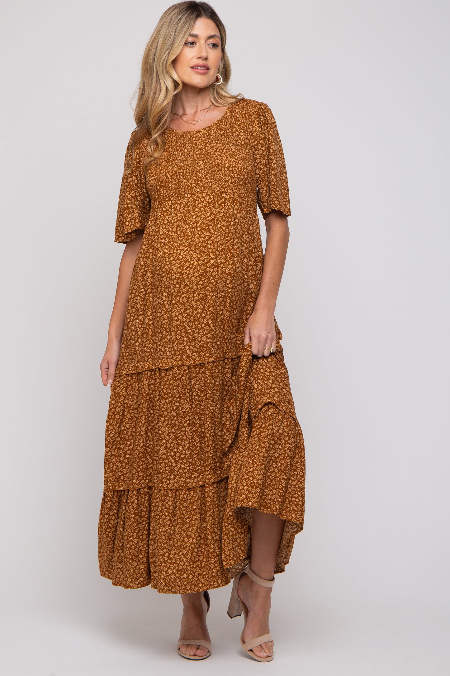 Camel Ditsy Floral Smocked Ruffle Tiered Maternity Midi Dress