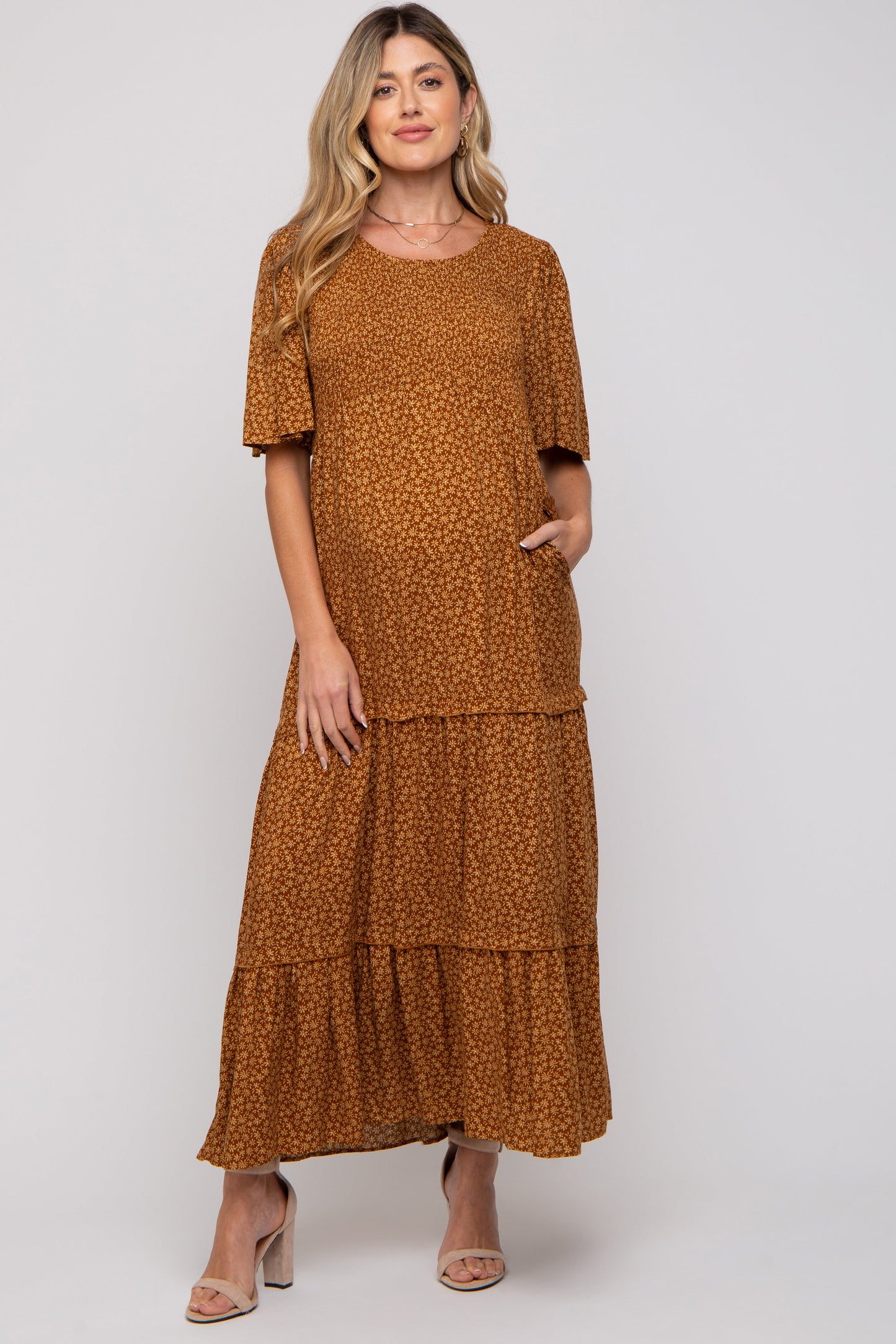 Camel Ditsy Floral Smocked Ruffle Tiered Maternity Midi Dress