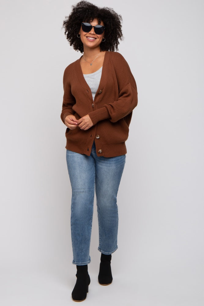 Dark Rust Basic Ribbed Cardigan Sweater