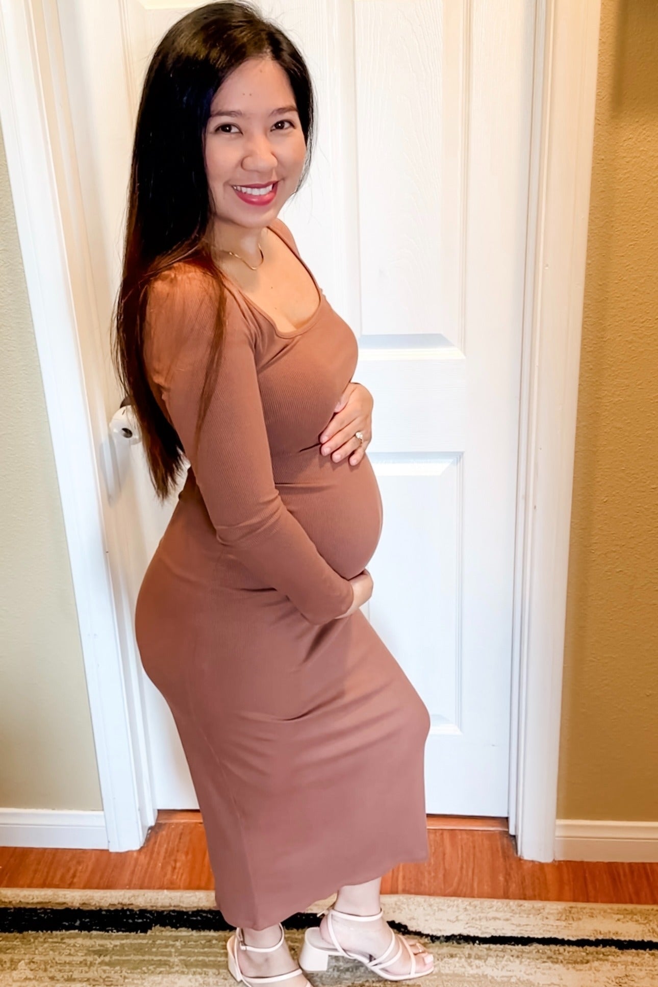 Mocha Ribbed Scoop Neck Maternity Midi Dress