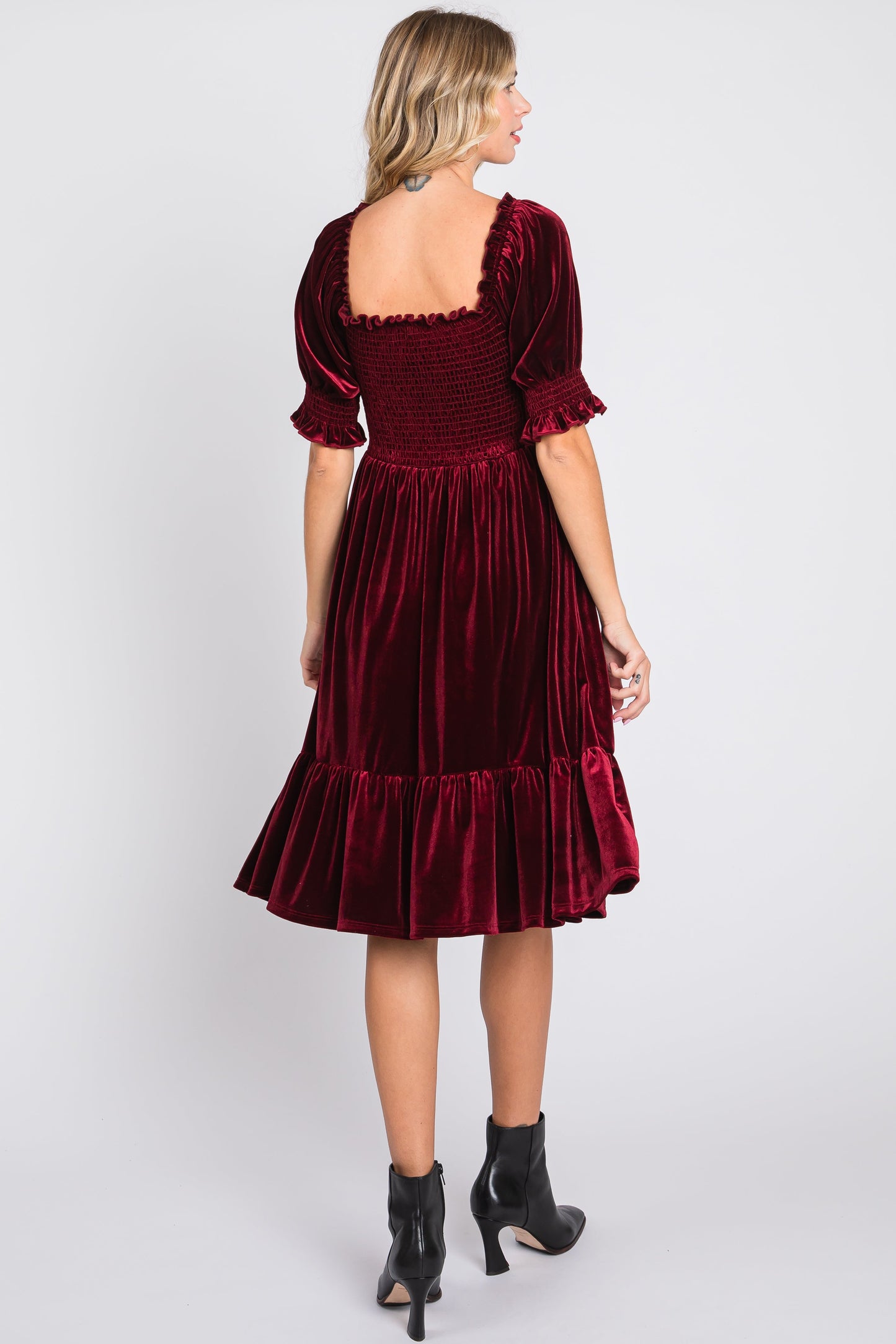 Burgundy Velvet Smocked Puff Sleeve Dress