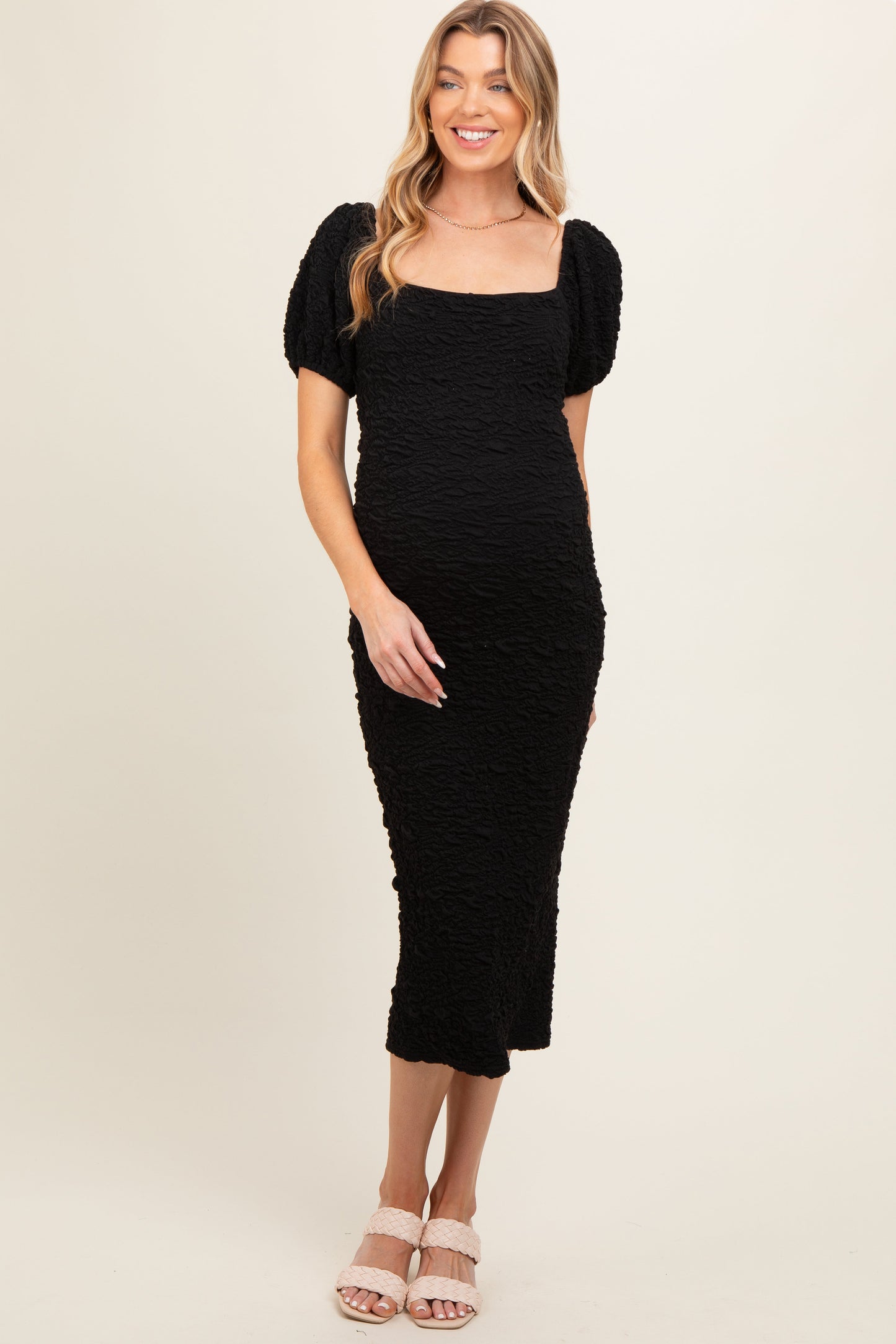 Black Textured Square Neck Puff Sleeve Maternity Midi Dress