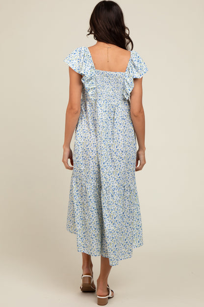 Blue Floral Ruffle Off Shoulder Midi Dress