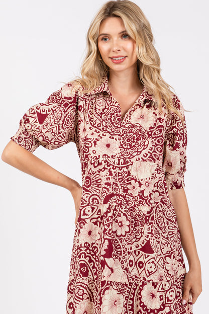 Burgundy Floral Collared Tiered Midi Dress