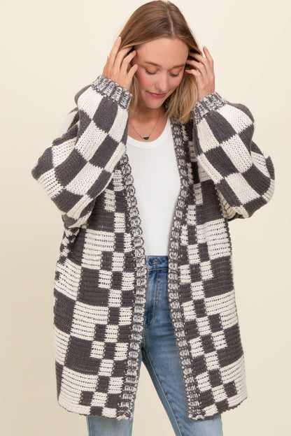 Charcoal Mixed Check Pattern Chunky Maternity Cardigan