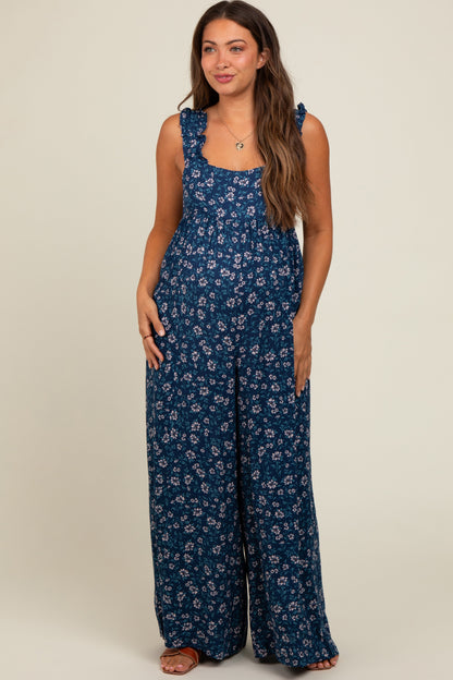 Navy Blue Back Cutout Wide Leg Maternity Jumpsuit