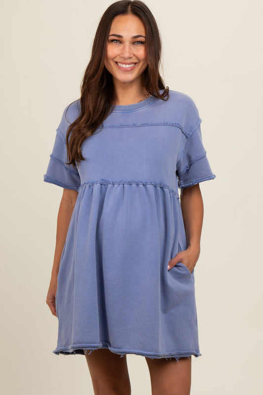 Blue Raw Hem Maternity Short Sleeve Dress