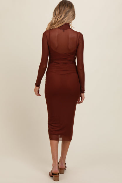 Brown Mesh Overlay Fitted Maternity Midi Dress