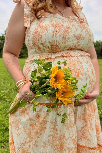 Peach Floral Sleeveless Ruffle Tiered Maternity Midi Dress