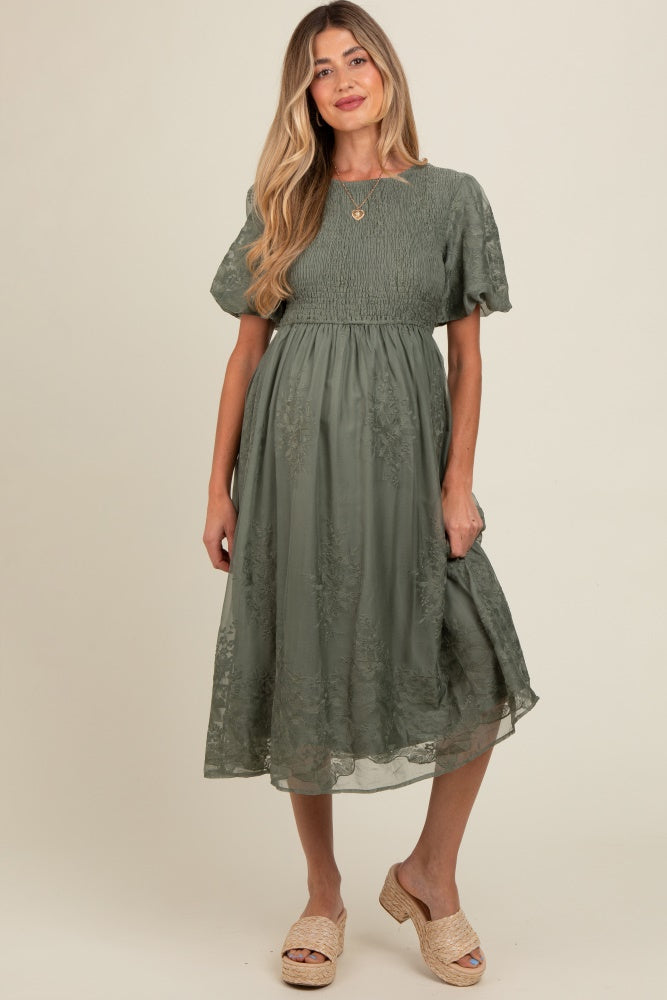 Olive Floral Lace Smocked Maternity Midi Dress