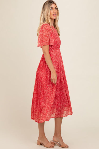 Red Floral Pleated Midi Dress