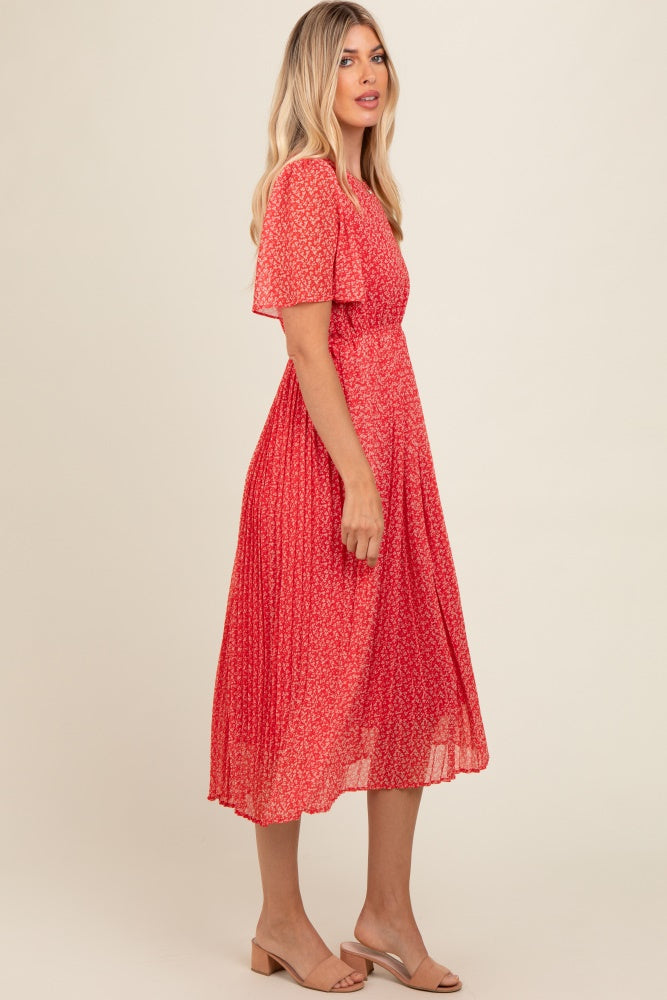Red Floral Pleated Midi Dress