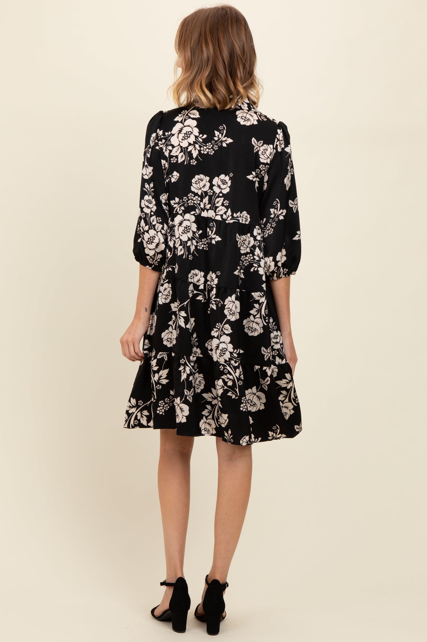 Black Floral Button Down Collared Dress