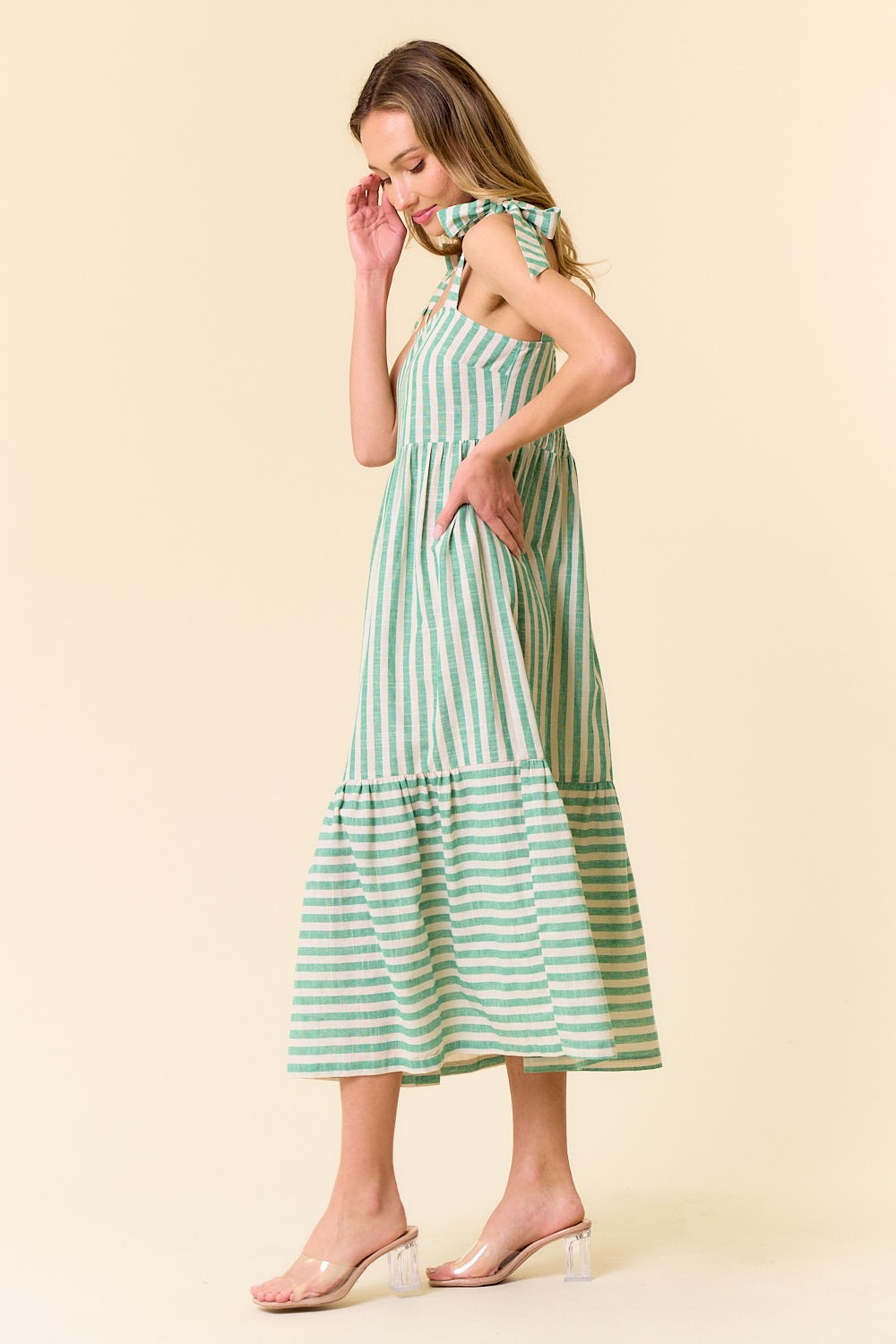 Jade Striped Shoulder Tie Midi Dress