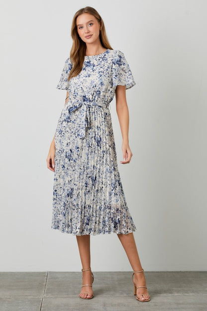 Cream Floral Pleated Midi Dress