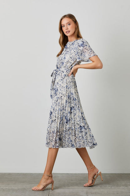 Cream Floral Pleated Midi Dress