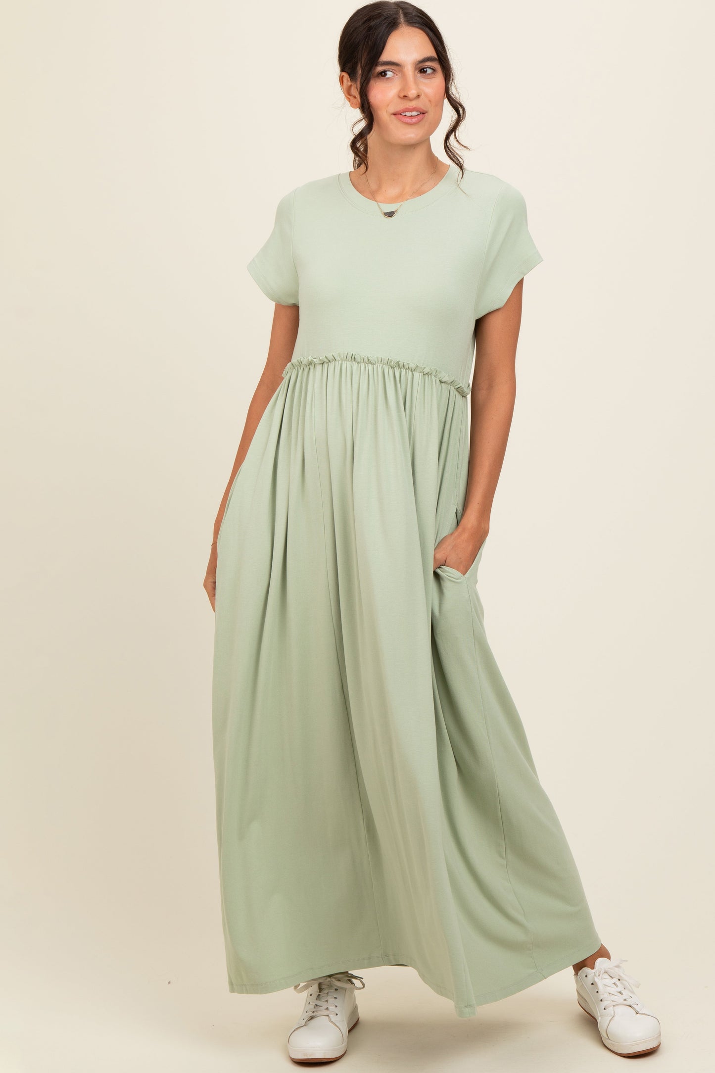 Light Olive Ruffle Trim Maxi Dress
