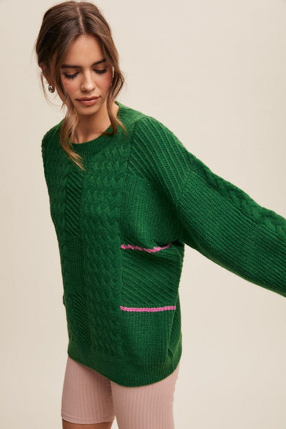 Green Striped Mixed Cable Knit Sweater
