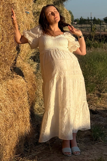 Ivory Smocked Puff Sleeve Maternity Maxi Dress