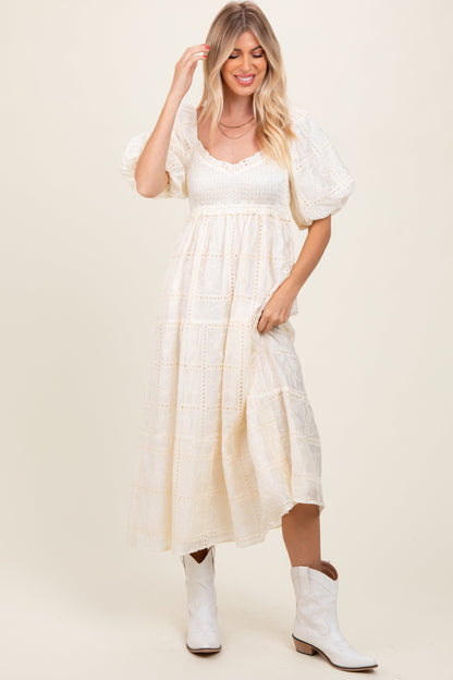 Ivory Smocked Puff Sleeve Maxi Dress