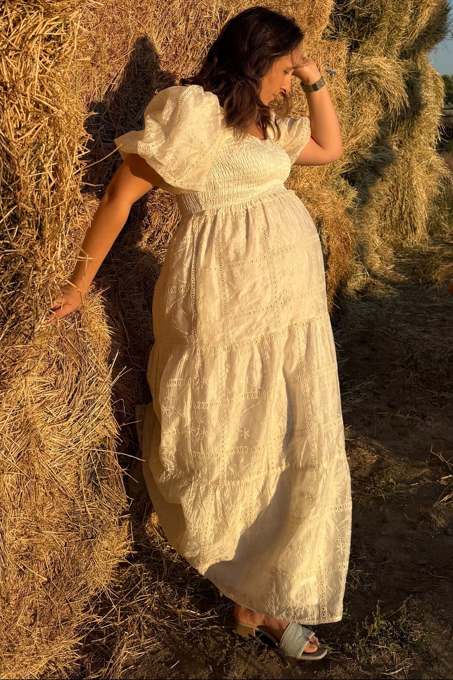 Ivory Smocked Puff Sleeve Maternity Maxi Dress