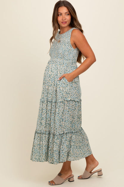 Light Olive Floral Sleeveless Ruffle Tiered Maternity Maxi Dress