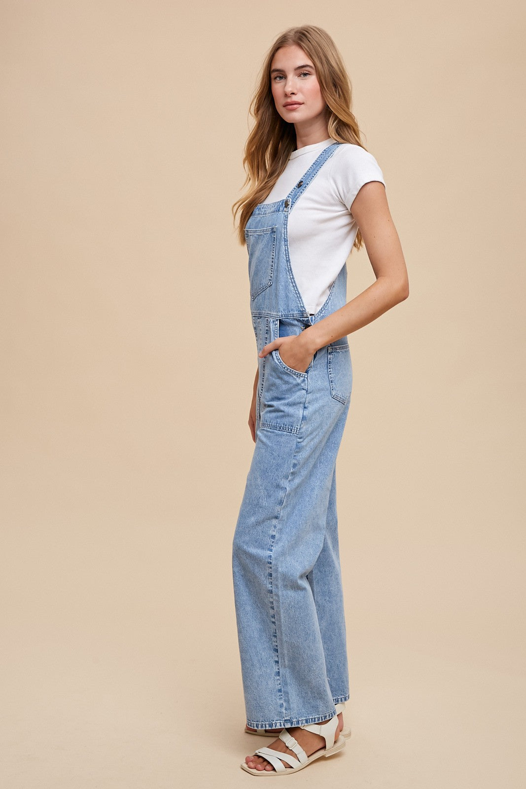Light Denim Soft Mineral Wash Straight Wide Leg Overall Jeans
