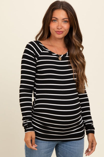 Black Striped Ruched Side Maternity Long Sleeve Top