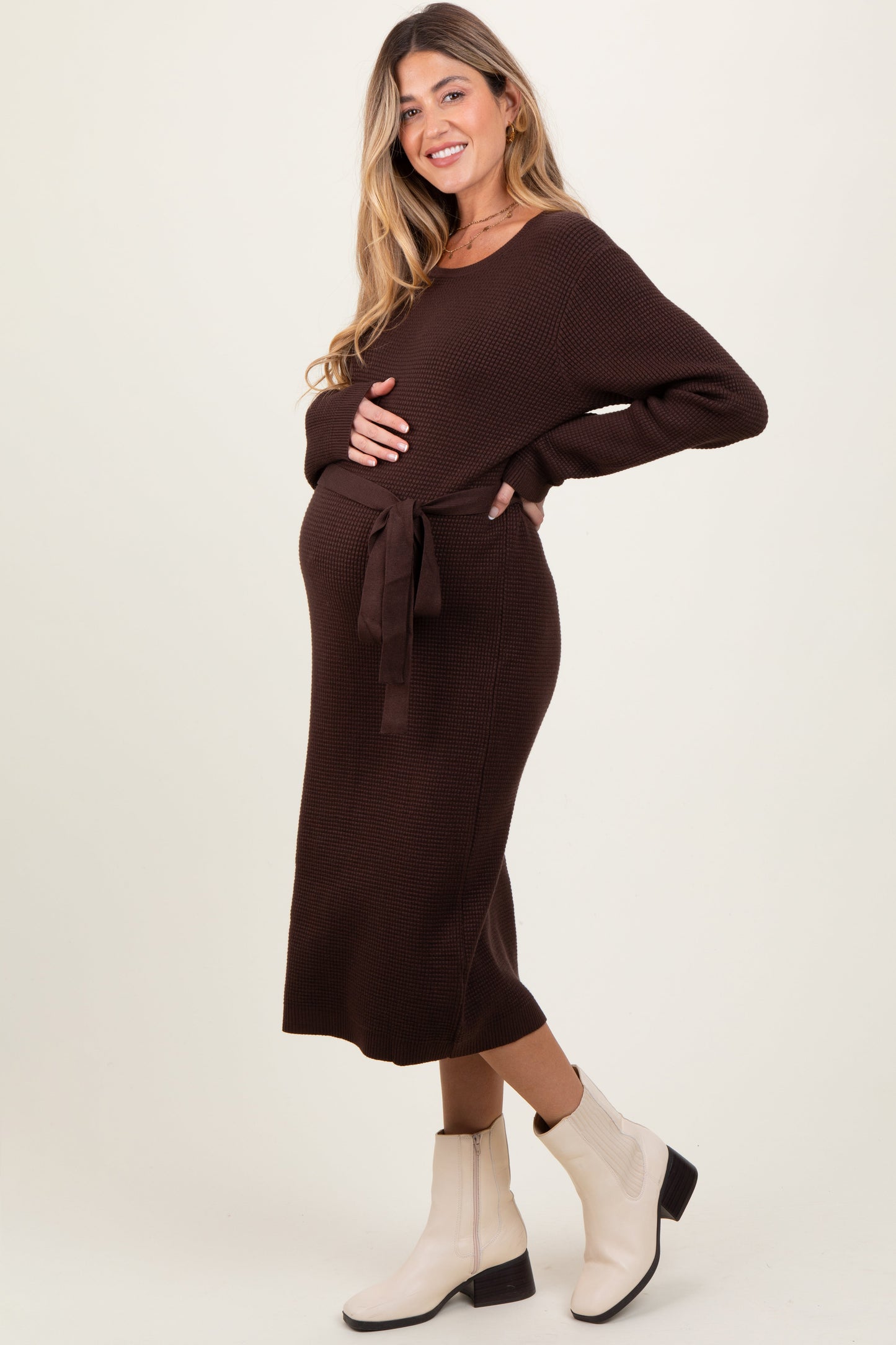 Brown Waffle Knit Sash Tie Maternity Midi Sweater Dress