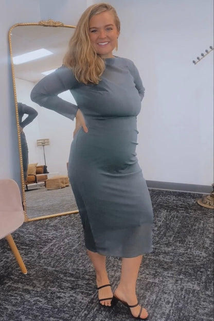 Olive Shimmer Mesh Long Sleeve Ruched Maternity Midi Dress