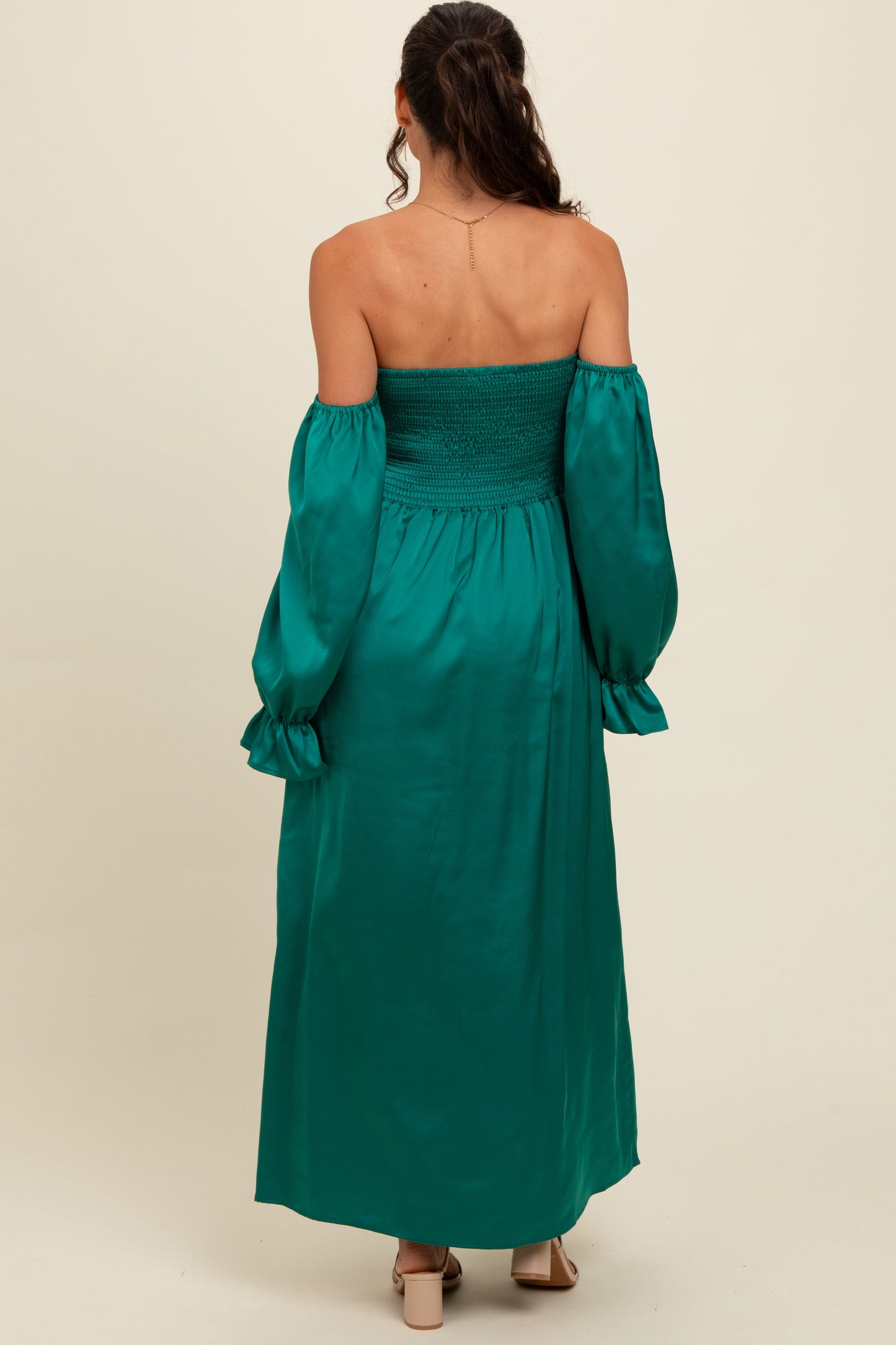Emerald Green Off Shoulder Satin Pleated Bodice Maxi Dress