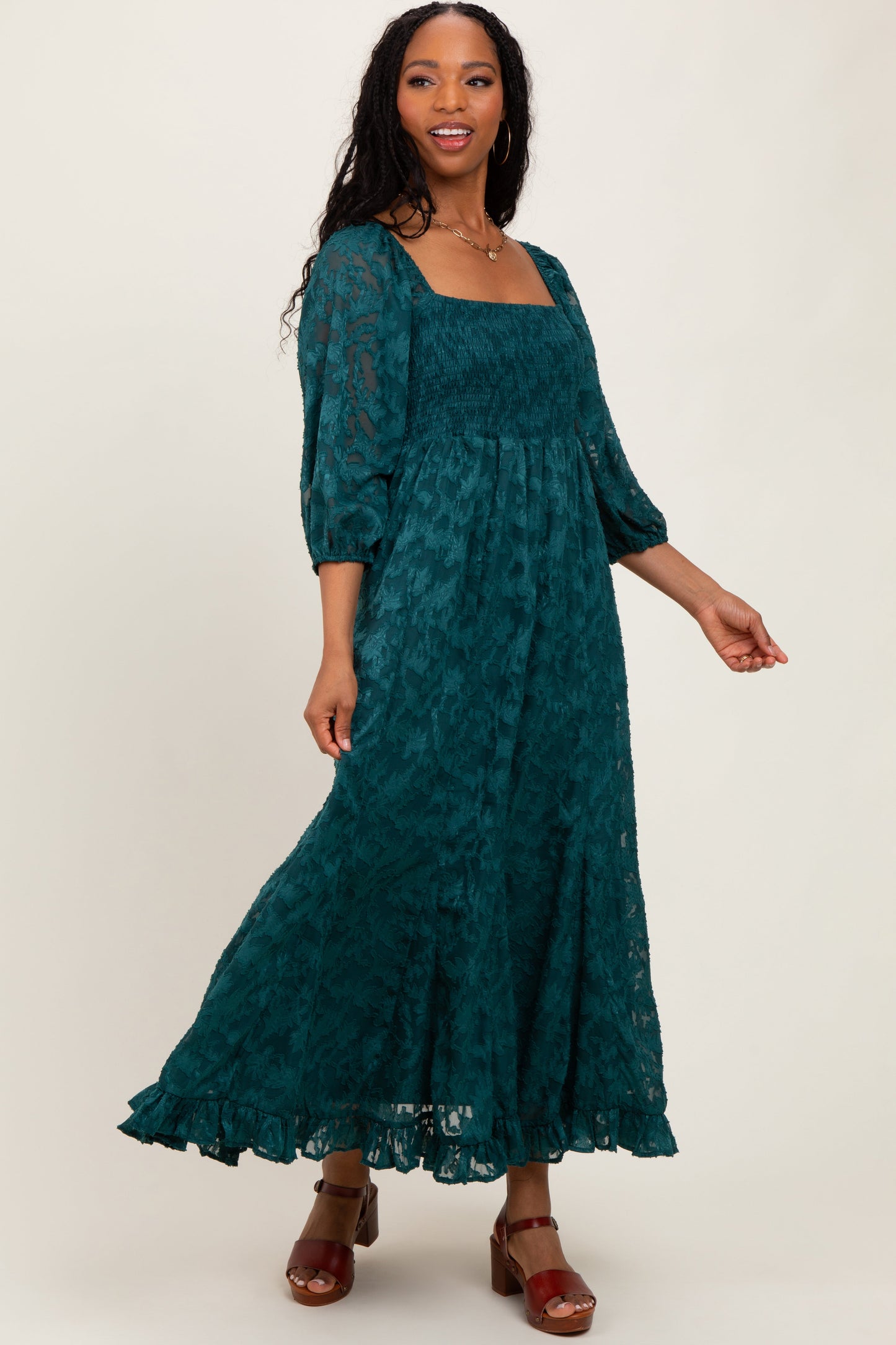Forest Green Textured Overlay Smocked Ruffled Hem Maxi Dress
