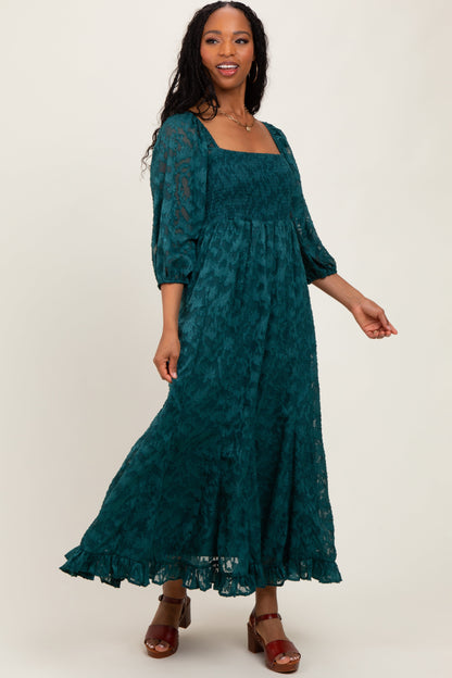 Forest Green Textured Overlay Smocked Ruffled Hem Maxi Dress