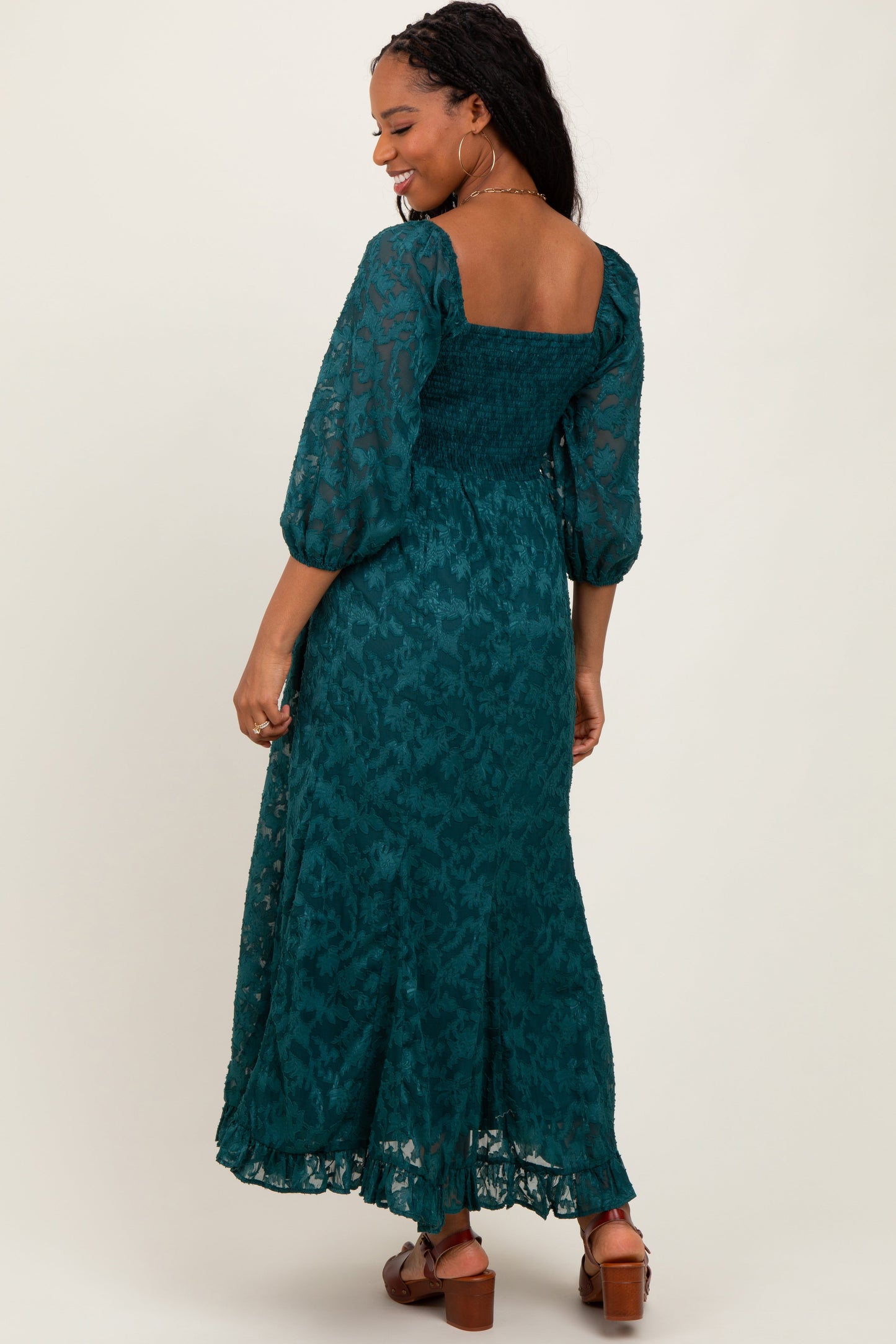 Forest Green Textured Overlay Smocked Ruffled Hem Maxi Dress