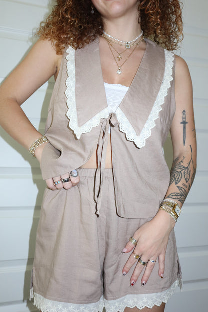 Brown Wide Collared Front Tie Lace Trim Top & Shorts Set